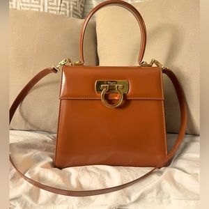Salvatore Ferragamo Brown Brushed-Off Calfskin Gancini Top Handle
